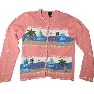 Designers Originals Beaded Coastal Cardigan Sweater M Art to Wear Tropical Boat